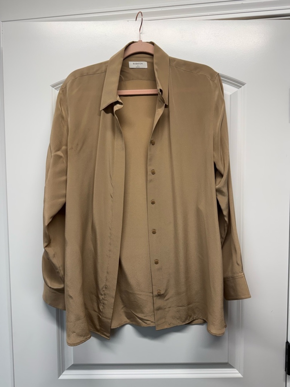 Aritzia Silk Button Up Oversized Blouse in Camel Beige